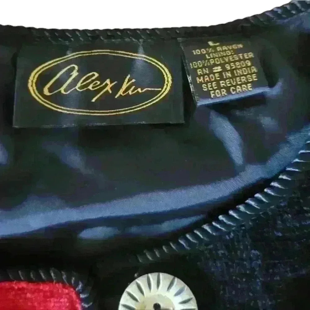 Alex Kim Vintage Rayon Lined Carved Button Colorblock Embroidered Patch Jacket. - Picture 3 of 6